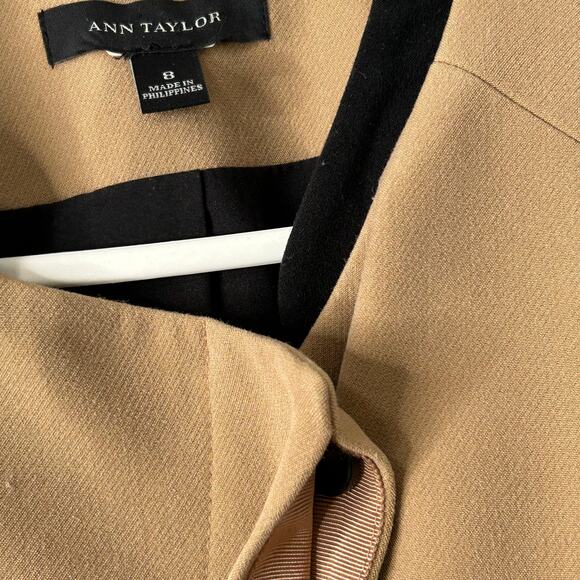 Ann Taylor Collarless Blazer Women’s 8 Tan Black Trim Stretch Lined Jacket - Picture 6 of 9
